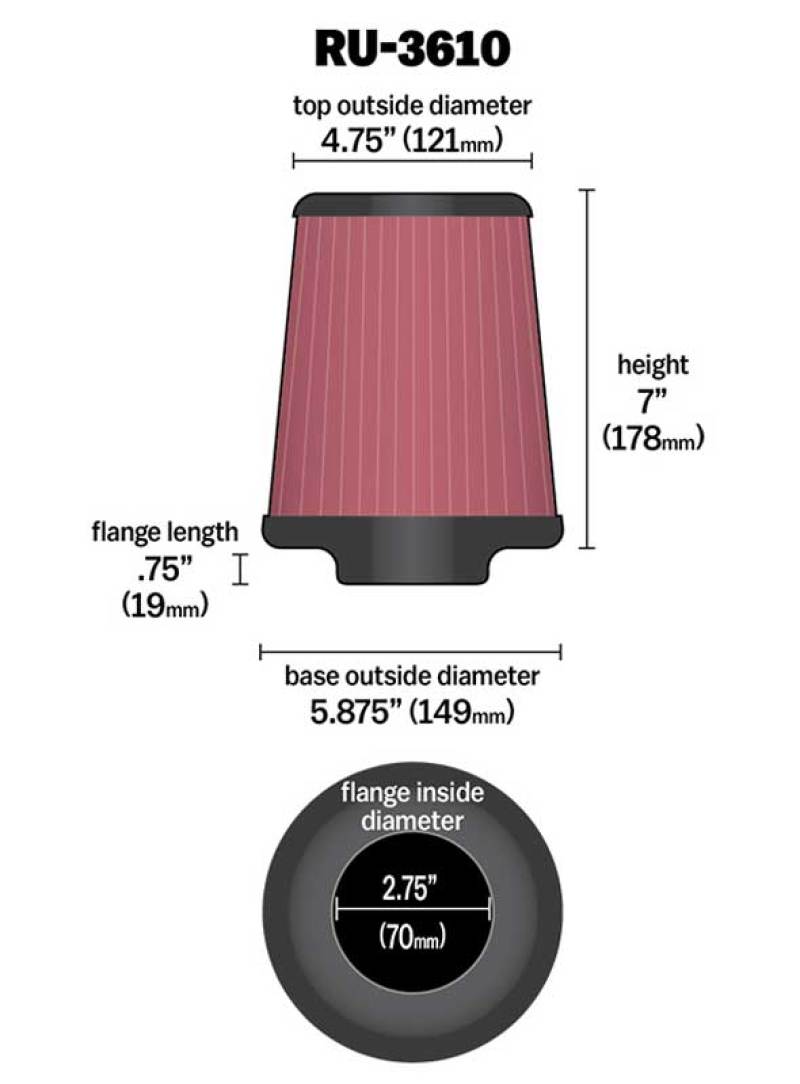 K&N High Flow Universal Air Filter 2.75in inlet / 5.9in Base / 4.75in Top / 7in Height