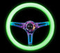NRG Classic Wood Grain Steering Wheel (350mm) Glow-N-The-Dark Green Grip w/Neochrome 3-Spoke Center