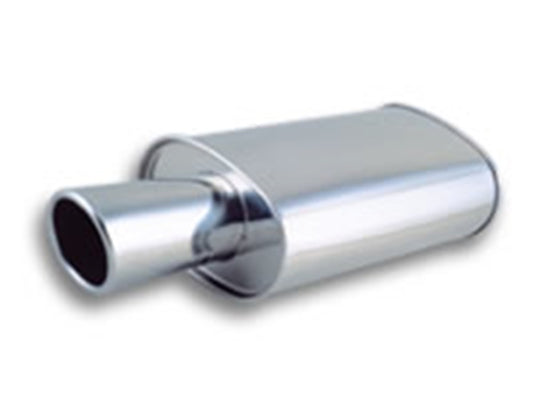 Vibrant StreetPower Turbo Oval Muffler with 4in Round Tip Angle Cut Rolled Edge - 3in inlet I.D