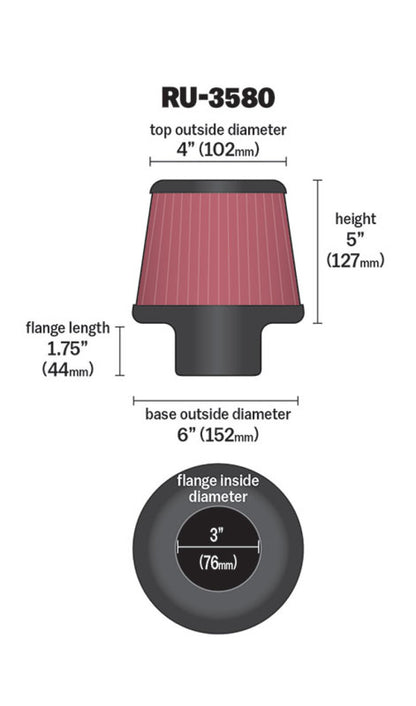 K&N High Flow Universal Air Filter 3In inlet / 6in Base / 4in Top / 5in Height