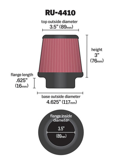 K&N High Flow Universal Air Filter 3.5in inlet / 4.6in Base / 3.5in Top / 3in Height