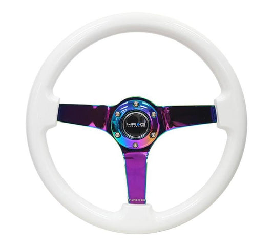 NRG Reinforced Steering Wheel 350mm / 3in. Deep Classic White w/ Neochrome 3-Spoke