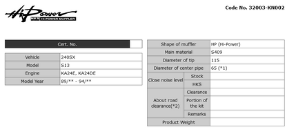 HKS Hi Power Catback Exhaust Muffler - 240SX S13 KA24DE