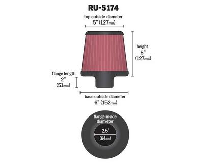 K&N High Flow Universal Air Filter 2.5in Inlet / 6in Base / 5in Top / 5in Height