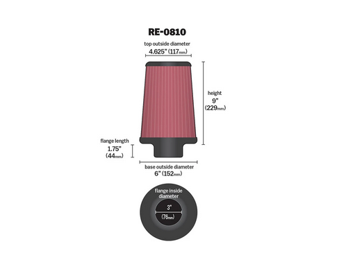 K&N High Flow Universal Air Filter 3in inlet / 6in Base / 4.6in Top / 9in Height