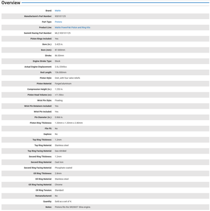 Mahle PowerPak Forged Piston Set/4 - SR20DET 87.00mm Bore 86.0mm Stroke 136mm Rod 22mm Pin -11.5cc 8.5 CR