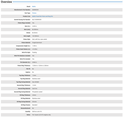 Mahle PowerPak Forged Piston Set/6 - 2JZ GTE - 86.5mm Bore 86mm Stroke 142mm Rod 22mm Pin 14cc 8.5 CR