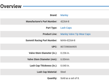 Manley Valve lash Caps - 6mm .2360 Stems Set/8