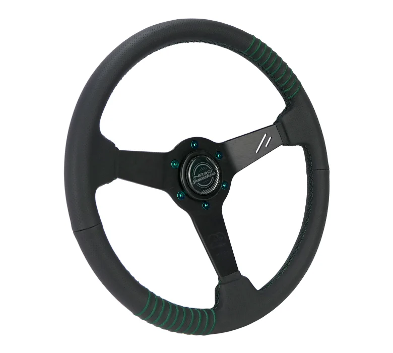 NRG 350mm Steering Wheel 1.5in Dish Black Perforated Leather Emerald Stitching - Reinforced