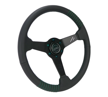 NRG 350mm Steering Wheel 1.5in Dish Black Perforated Leather Emerald Stitching - Reinforced