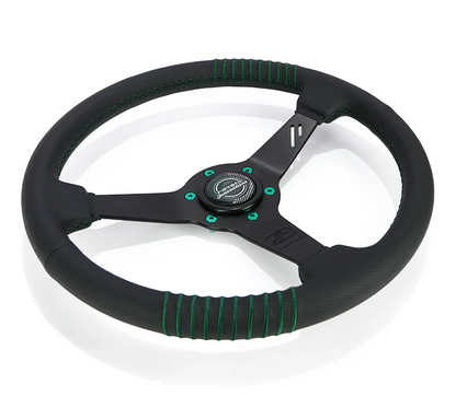 NRG 350mm Steering Wheel 1.5in Dish Black Perforated Leather Emerald Stitching - Reinforced