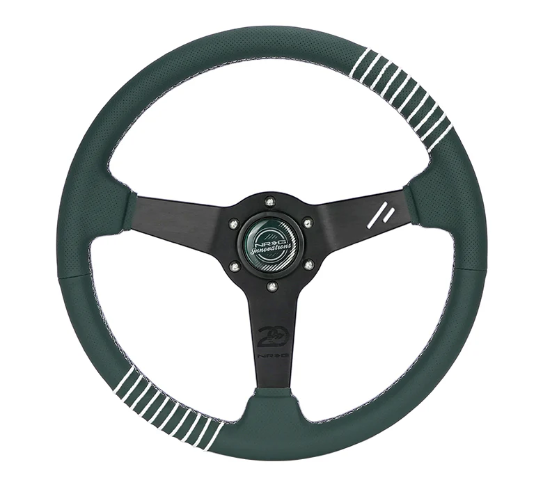 NRG Steering Wheel 1.5in Dish 350mm - Emerald Perforated Leather - Silver Stitching Reinforced Spoke