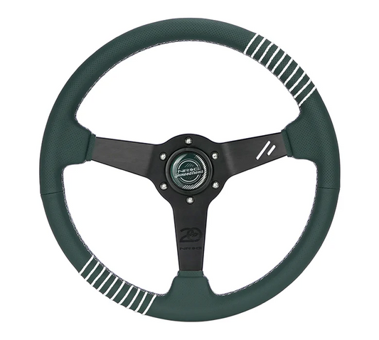 NRG Steering Wheel 1.5in Dish 350mm - Emerald Perforated Leather - Silver Stitching Reinforced Spoke