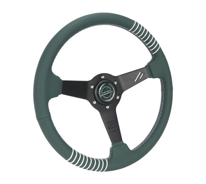 NRG Steering Wheel 1.5in Dish 350mm - Emerald Perforated Leather - Silver Stitching Reinforced Spoke