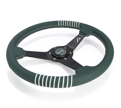 NRG Steering Wheel 1.5in Dish 350mm - Emerald Perforated Leather - Silver Stitching Reinforced Spoke