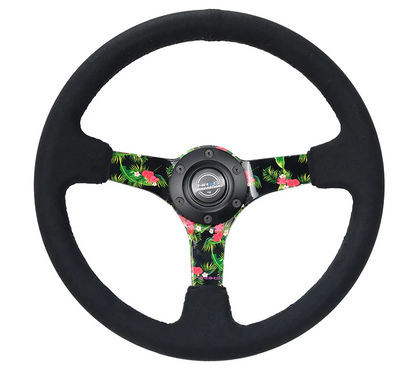 NRG Reinforced Steering Wheel 350mm / 3in. Deep Black Suede Floral 3-Spoke