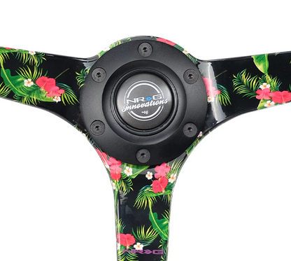 NRG Reinforced Steering Wheel 350mm / 3in. Deep Black Suede Floral 3-Spoke