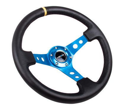 NRG Reinforced Steering Wheel 350mm / 3in. Deep Leather w/Blue Spoke & Yellow CM