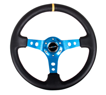 NRG Reinforced Steering Wheel 350mm / 3in. Deep Leather w/Blue Spoke & Yellow CM