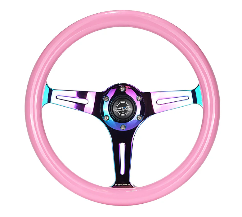 NRG Classic Wood Grain Steering Wheel 350mm Pink w/Neochrome 3-Spoke
