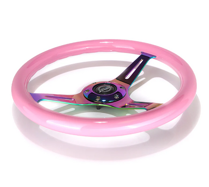 NRG Classic Wood Grain Steering Wheel 350mm Pink w/Neochrome 3-Spoke