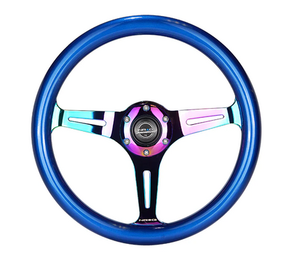 NRG Classic Wood Grain Steering Wheel 350mm Blue Pearl w/Neochrome Spokes