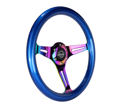 NRG Classic Wood Grain Steering Wheel 350mm Blue Pearl w/Neochrome Spokes