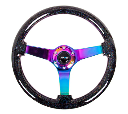 NRG Reinforced Steering Wheel 350mm / 3in Deep - Black Sparkle w/ Neochrome Spokes