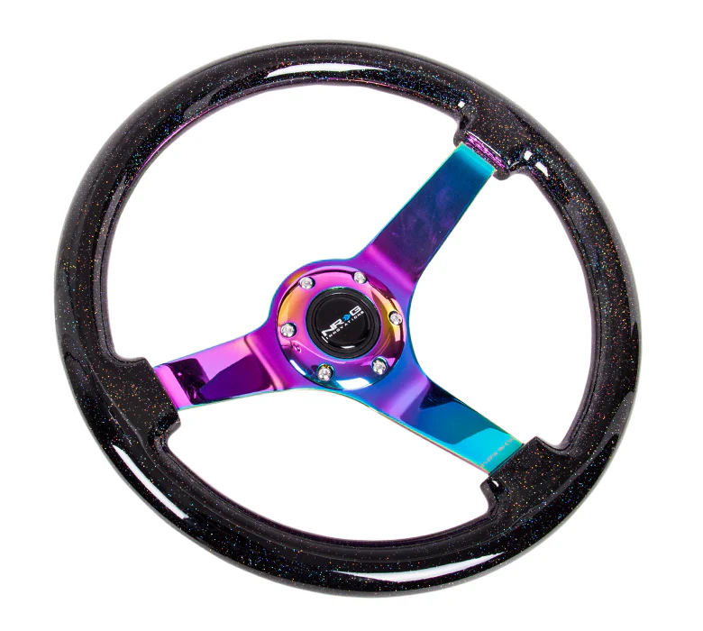 NRG Reinforced Steering Wheel 350mm / 3in Deep - Black Sparkle w/ Neochrome Spokes