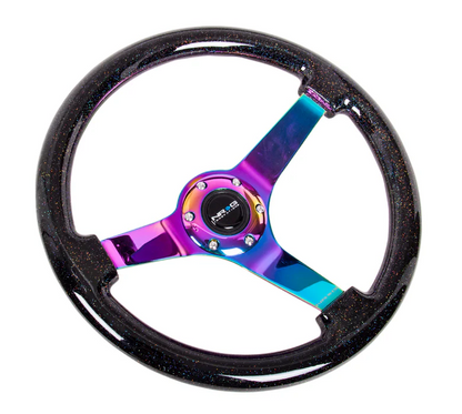 NRG Reinforced Steering Wheel 350mm / 3in Deep - Black Sparkle w/ Neochrome Spokes