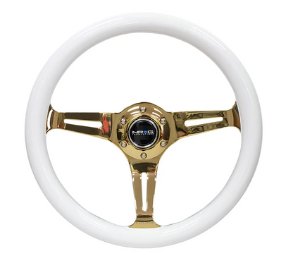 NRG Classic Wood Grain Steering Wheel 350mm - White w/Chrome Gold Spokes