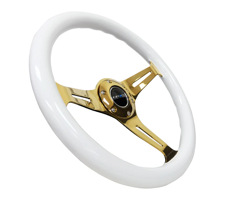 NRG Classic Wood Grain Steering Wheel 350mm - White w/Chrome Gold Spokes