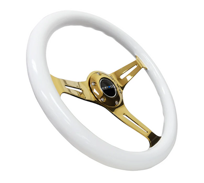 NRG Classic Wood Grain Steering Wheel 350mm - White w/Chrome Gold Spokes