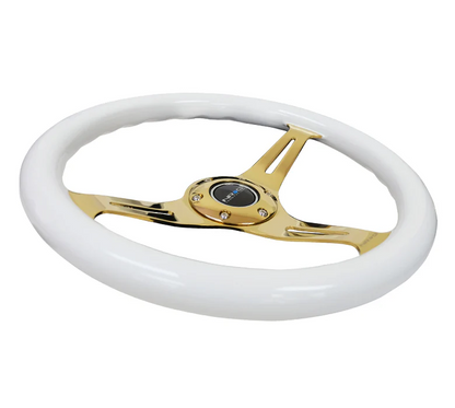 NRG Classic Wood Grain Steering Wheel 350mm - White w/Chrome Gold Spokes