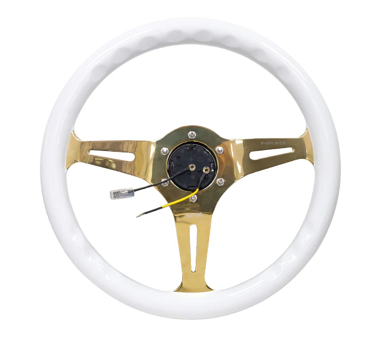 NRG Classic Wood Grain Steering Wheel 350mm - White w/Chrome Gold Spokes