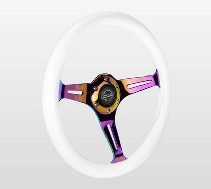 NRG Classic Wood Grain Steering Wheel 350mm - White w/Neochrome Spokes