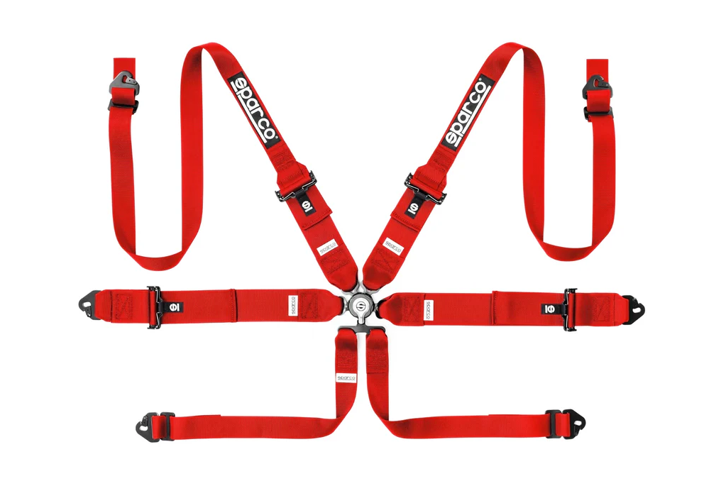 Sparco 6pt FIA Seat Belt Harness Steel 3in to 2in Camlock - Red