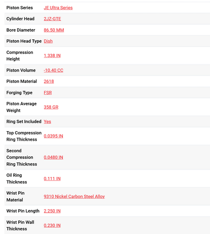 JE Pistons Ultra Series Toyota 2JZ GTE 86.5mm Bore 9.0:1 CR - Set/6