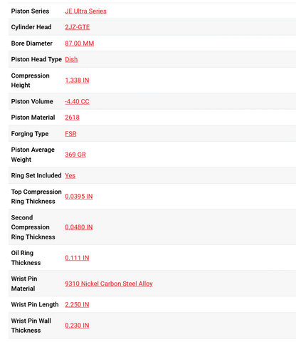 JE Pistons Ultra Series Toyota 2JZ GTE 87mm Bore 9.0:1 CR - Set/6
