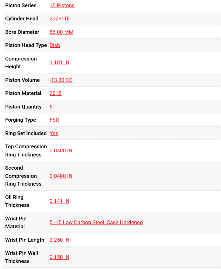 JE Pistons Toyota 2JZ GTE DISH KIT 9.5:1 86mm Bore - Set/6