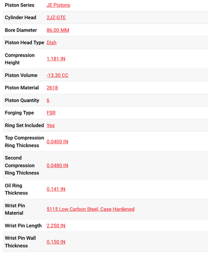 JE Pistons Toyota 2JZ GTE DISH KIT 9.5:1 86mm Bore - Set/6