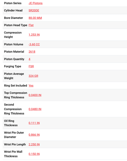 JE Pistons Nissan SR20DET 88.0 Bore 10:1 CR -3.6cc Dome KIT - Set/4
