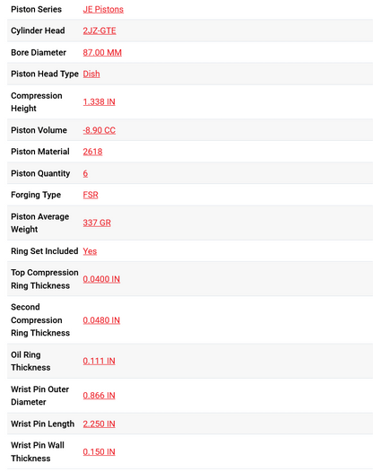 JE Pistons Toyota 2JZ GTE 9.5:1 KIT - Set/6