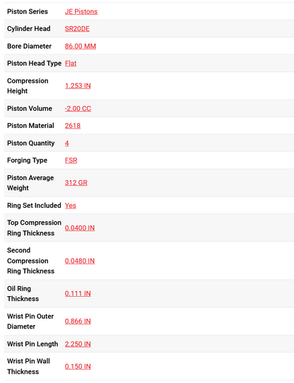 JE Pistons Nissan SR20DET 86.00 mm Bore 10:1 KIT - Set/4