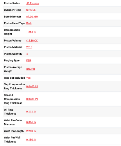 JE Pistons Nissan SR20DET 87.00 mm Bore 8.50:1 KIT - Set/4
