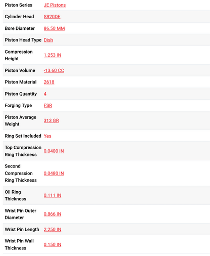 JE Pistons Nissan SR20DET 86.50 mm Bore 8.50:1 KIT - Set/4