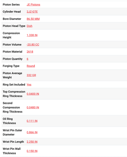 JE Pistons Toyota 2JZ GTE 86.50 mm Bore 8.50:1 KIT - Set/6