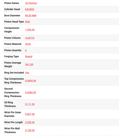 JE Pistons Nissan KA24DE 89.50 mm Bore 11.00:1 KIT - Set/4