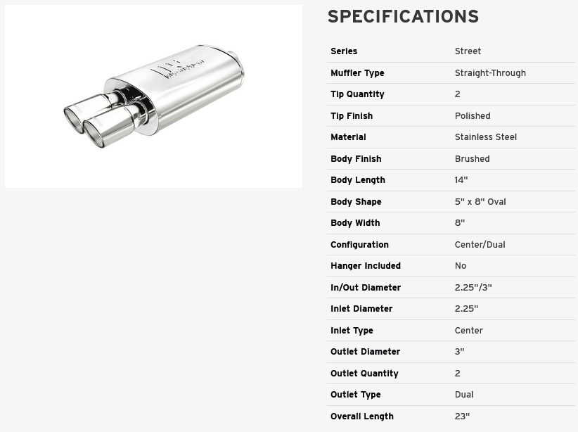MagnaFlow Street Exhaust Muffler Chrome SS - 14X5X8 - 2.25in inlet / 3in Tip