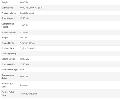 Manley Platinum Series Piston Set SR20DET / SR20DE 86.50mm Bore 1.260in CH -12.00 CC